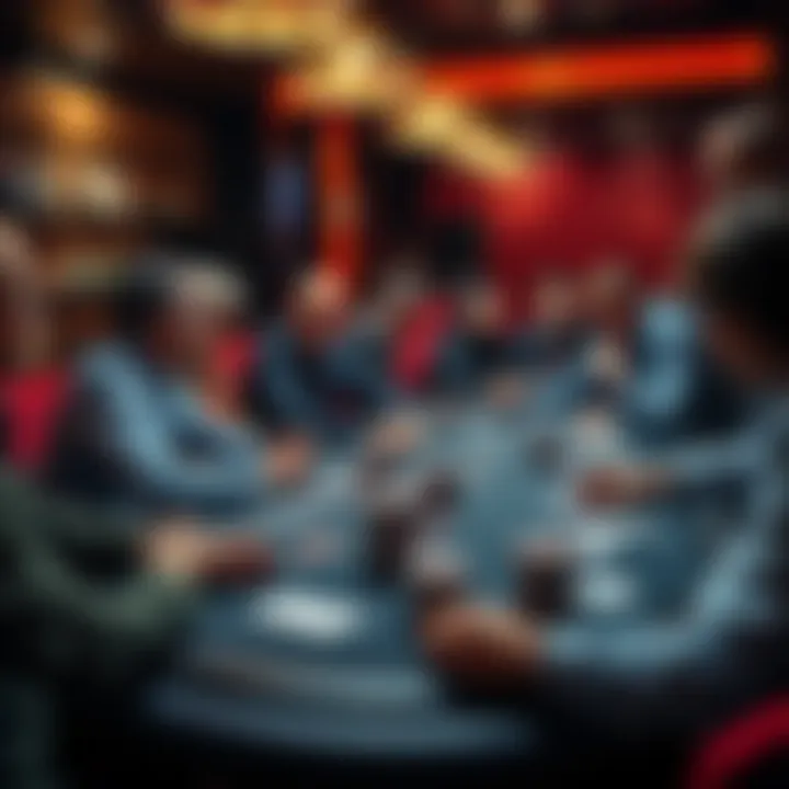 A group of players at a blackjack table analyzing dealer cards and discussing strategies