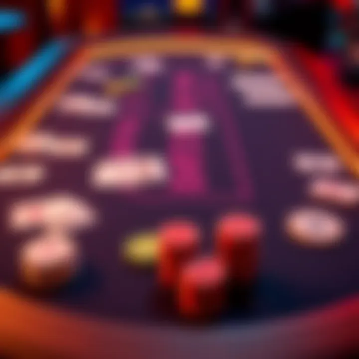 A colorful blackjack table setup with playing cards and poker chips arranged for an online game session.