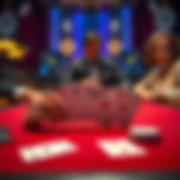 A blackjack table showing cards where a player has split aces, looking tense while the dealer reveals a strong hand.