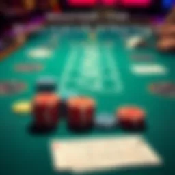 A close-up of a Blackjack table showing betting chips and a strategy card for players to reference while playing.