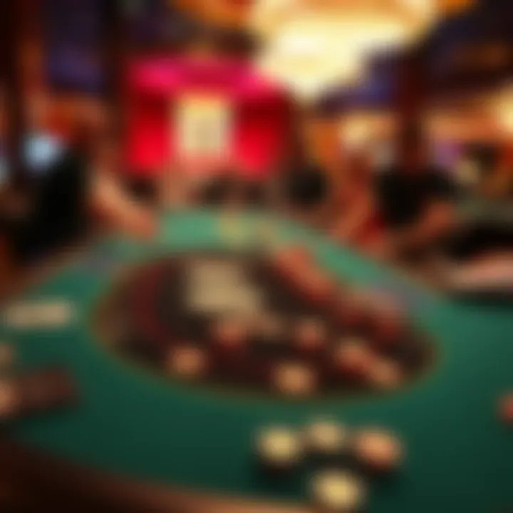 A vibrant blackjack table in a Las Vegas casino with players placing bets between $50 and $100.