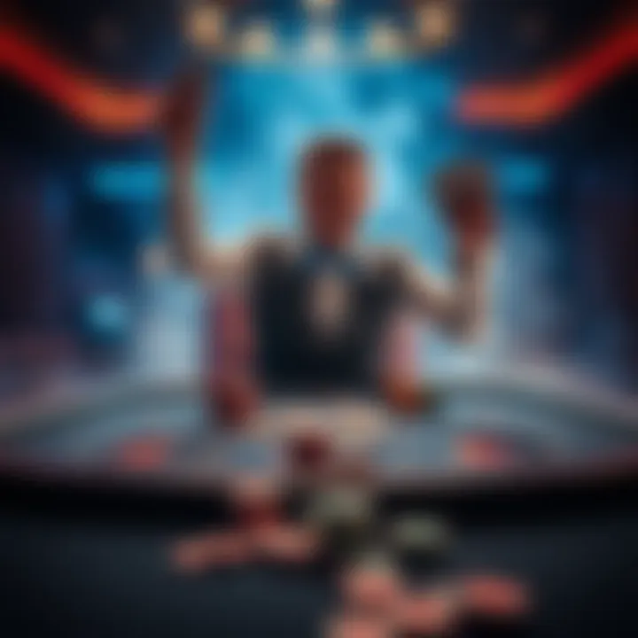 A player celebrating winning at a blackjack table with chips and cards in hand, ready for the Super Bowl celebration.