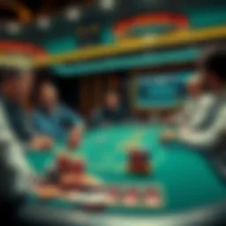 A vibrant blackjack table with players engaged in a game, chips stacked high, and a dealer overseeing the action.