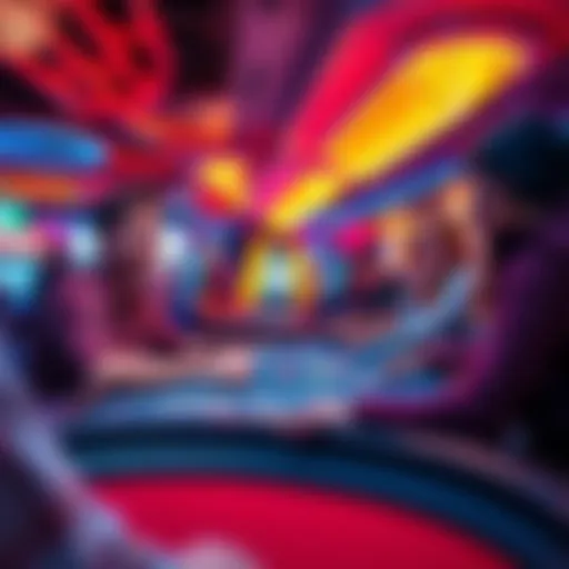 An 18-year-old enthusiastically plays blackjack at a vibrant casino table with friends, surrounded by colorful lights and excitement