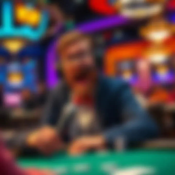 Blez animatedly commentating during a WSOP live stream with poker tables in the background