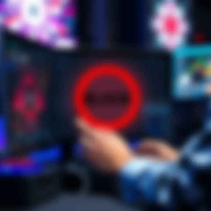 A person using a computer with a blocked website notification on the screen, symbolizing the action of self-exclusion from no KYC online casinos.