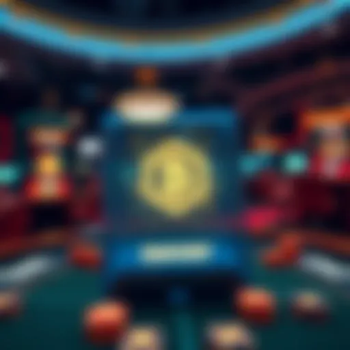 A digital casino with blockchain elements showing smart contracts and transparent transactions.