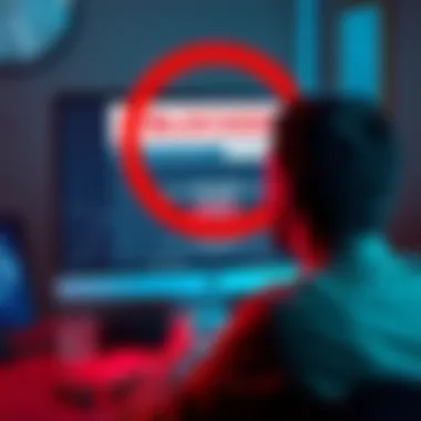 A computer screen displaying a blocked access message for Roobet site, with a frustrated person looking at it.