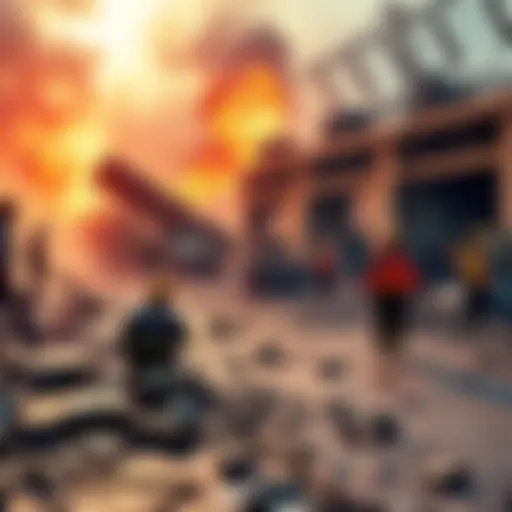 A scene showing a chaotic environment after a blowout, with debris scattered and people looking concerned.