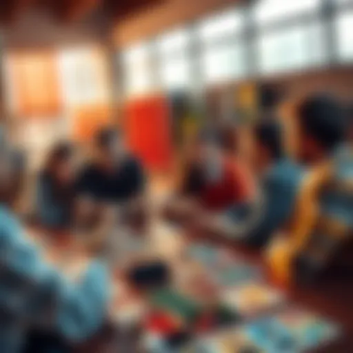 A group of friends discussing different board games around a table with game pieces and cards spread out.