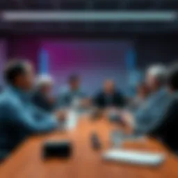A group of board members sitting around a table looking concerned during a meeting