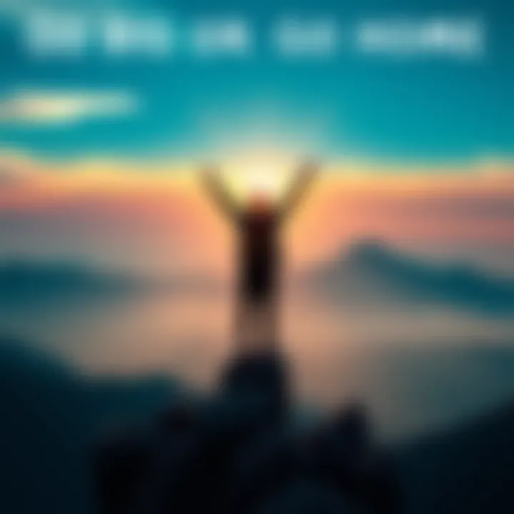 A person standing on a mountain peak, arms raised in victory, symbolizing triumph and bold decisions in life.
