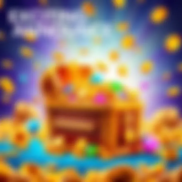 A vibrant graphic showing a treasure chest overflowing with gold coins and gems, symbolizing the rewards of hard work and achievement in gaming, with a bright background.