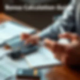 A person calculating potential bonuses using a calculator and notepad, with financial documents on the table.