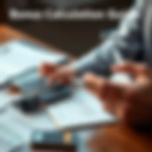 A person calculating potential bonuses using a calculator and notepad, with financial documents on the table.
