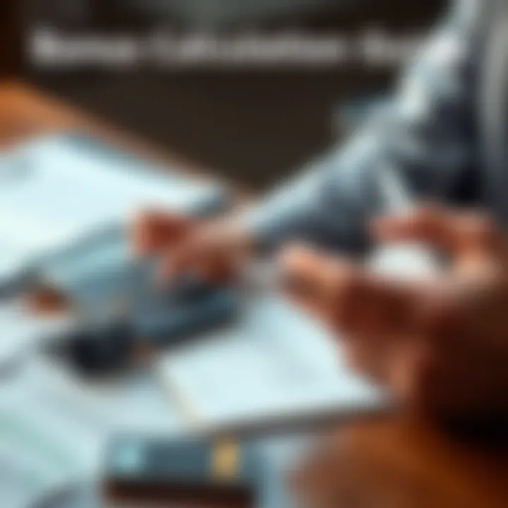 A person calculating potential bonuses using a calculator and notepad, with financial documents on the table.