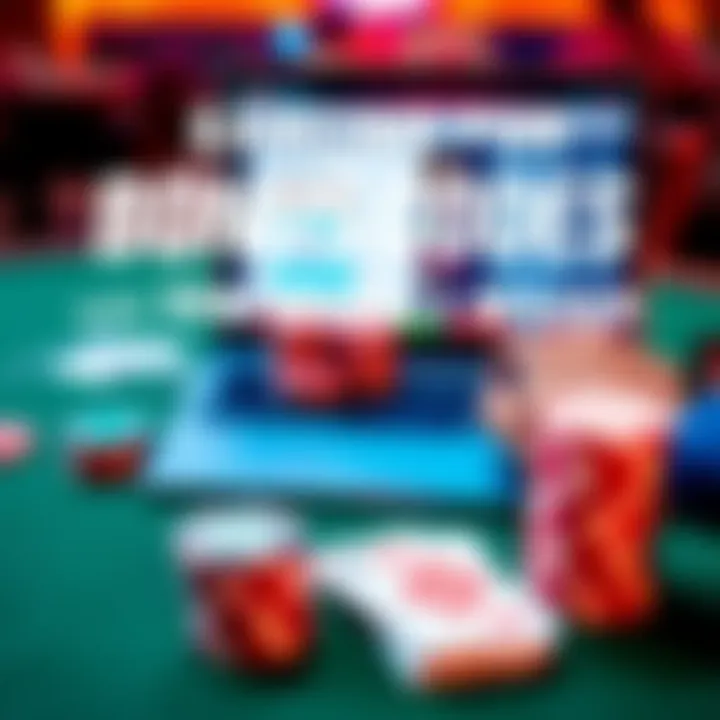 A person using a laptop to search for bonus codes with a stack of poker chips and playing cards on the table.