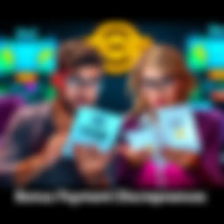 Two players reviewing their weekly bonus payments, one showing a $10 bonus and the other an $11 bonus. They look surprised and confused about the differences after wagering various amounts.