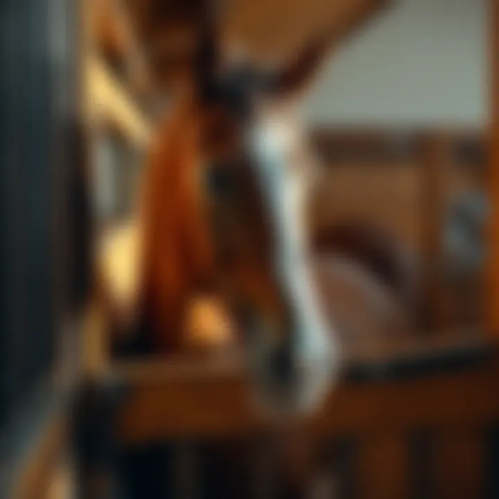 A racehorse named Book 'Em Danno resting in a stable stall, showcasing its strong build and sleek coat.