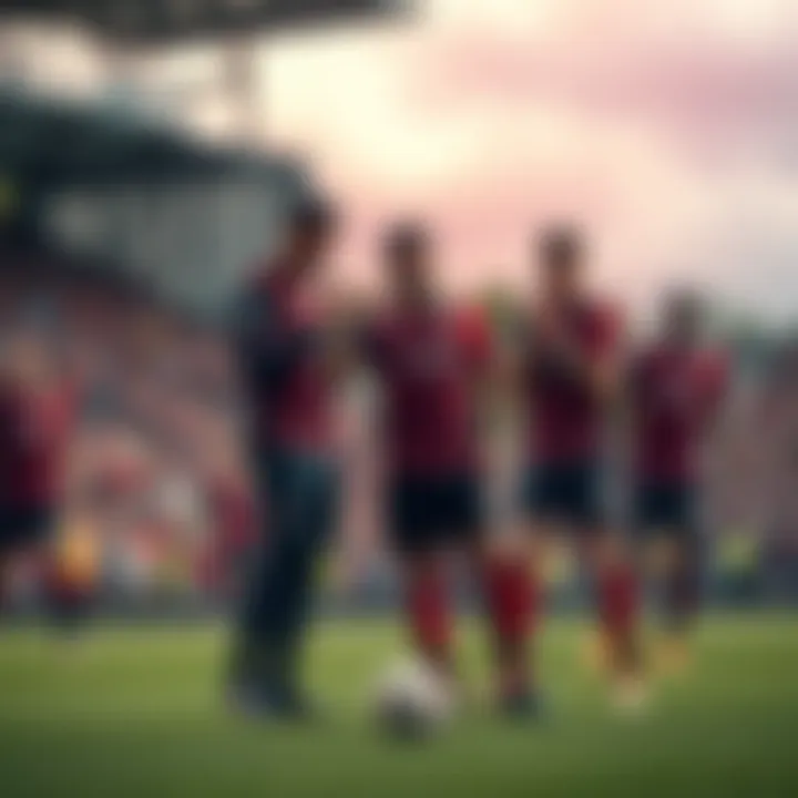 Bournemouth players in their red and black kit, strategizing during a match on the field