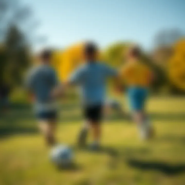 A group of boys playing soccer in a Michigan park on a sunny day, surrounded by trees and grass.