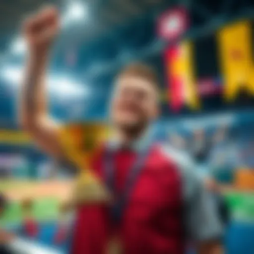 Brad smiling and celebrating his winning streak in a sports setting, with trophies and banners in the background.