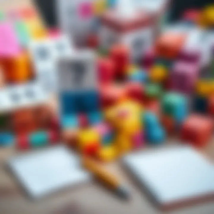 A colorful collection of brain teasers and riddles on a table, with a notepad and pencil nearby.