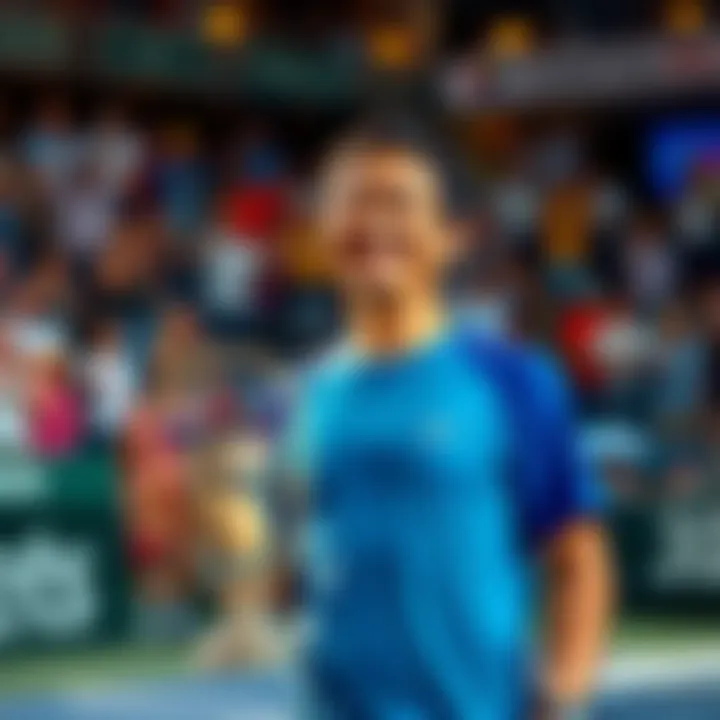 Brando Nakashima smiles on the tennis court, holding a trophy with a backdrop of cheering fans after a successful match that earned him a significant profit.