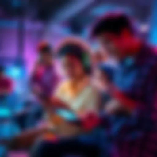 A group of diverse people interacting with digital devices, showcasing new online experiences and innovations in technology.