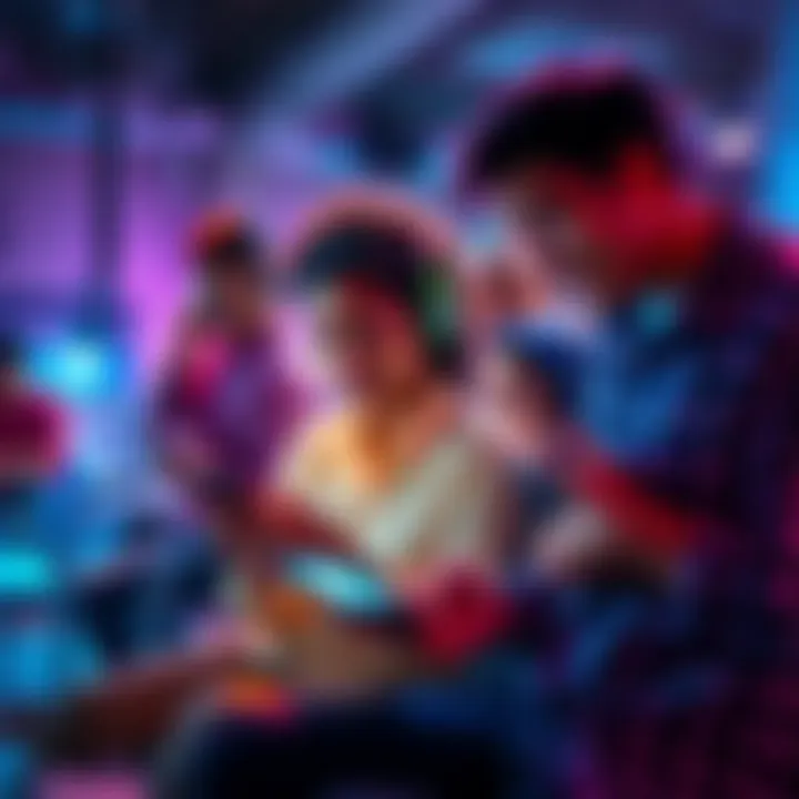 A group of diverse people interacting with digital devices, showcasing new online experiences and innovations in technology.