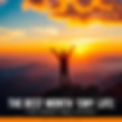 A person standing on a peak with arms raised in joy as the sun sets behind them, symbolizing adventure and personal growth.