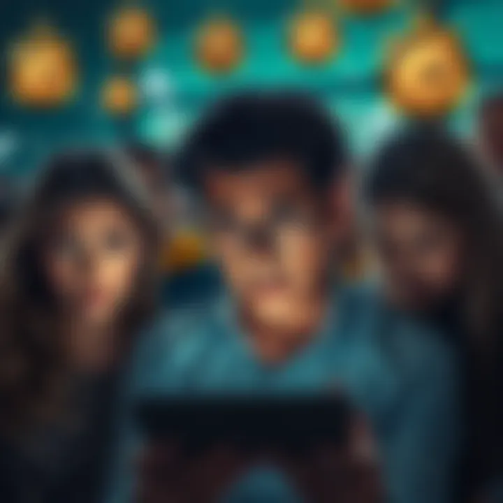 A group of frustrated people looking at their devices with expressions of disbelief, waiting for redemption payments from Breeze, surrounded by symbols of money and clocks to represent delays.