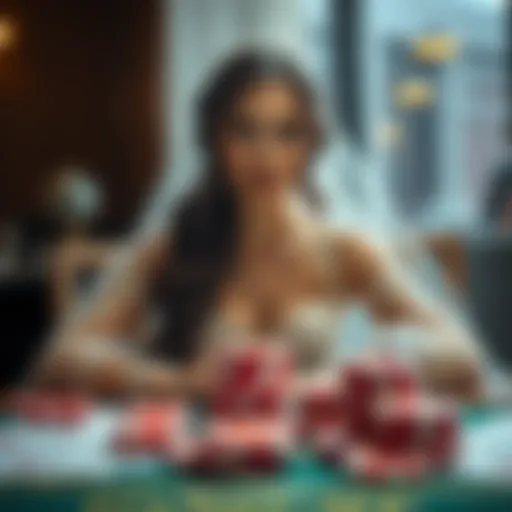 A soon-to-be bride with a worried expression sits at a table, surrounded by wedding plans and empty casino chips, illustrating her loss and concern over her finances.