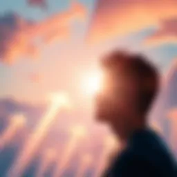A person looking at a bright horizon with trends and opportunities symbolized by upward arrows in the background.