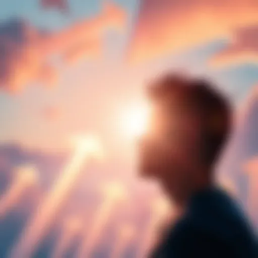 A person looking at a bright horizon with trends and opportunities symbolized by upward arrows in the background.