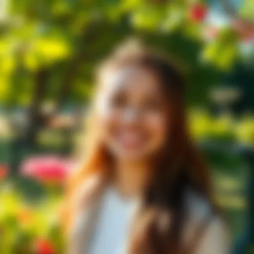 A person smiling in a sunny park, surrounded by greenery and flowers, radiating positivity and good vibes.