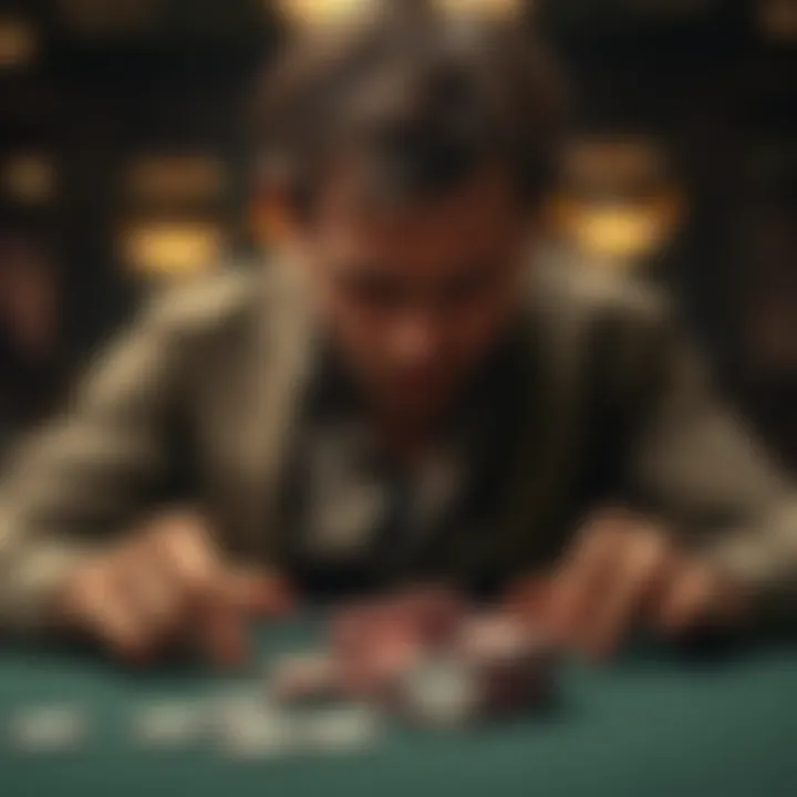 A distraught 30-year-old man staring at empty poker chips, showcasing the despair of losing everything to gambling in just one week.