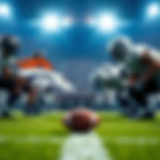 Players from the Broncos and Raiders facing off on the field during a Thursday Night Football game