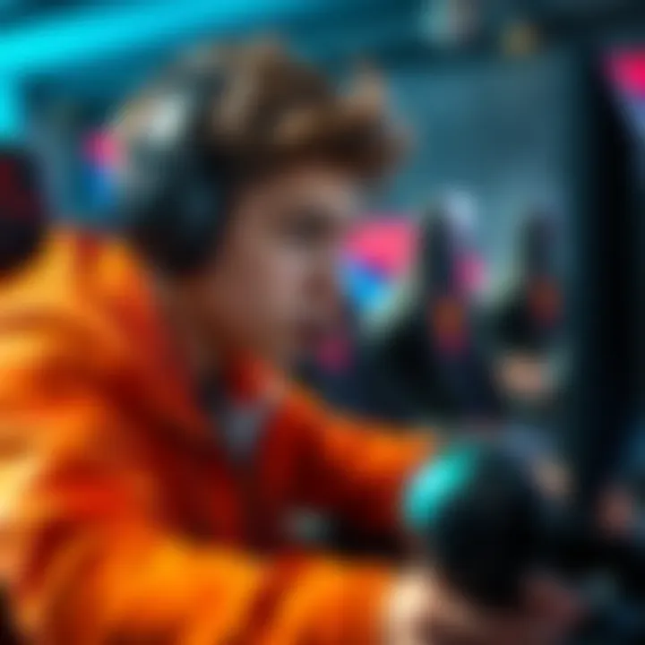 A focused gamer playing a competitive video game, aiming to rank up from bronze level, with determination on their face and a gaming setup in the background.