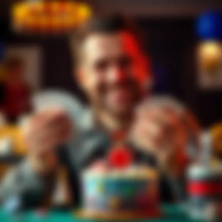 A man smiling while holding a deck of cards in one hand and a poker chip in the other, with a birthday cake in the background.