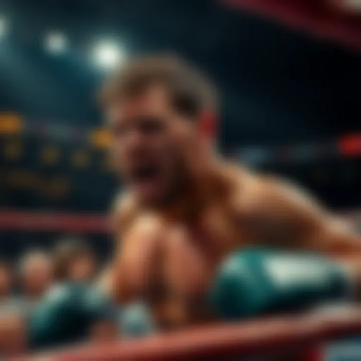 Fighter Buckley facing challenges in the ring during a match, showing signs of distress while fans watch anxiously.