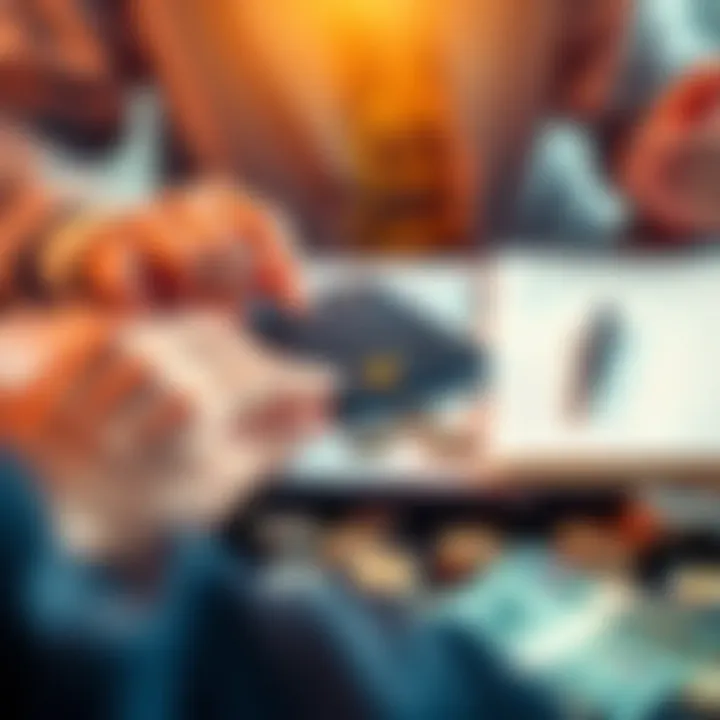 A person calculating their monthly and weekly budget with a calculator and notepad, surrounded by coins and bills.