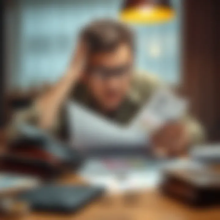A person looking stressed while reviewing bills and a budget sheet at a table, surrounded by empty wallets and coins.