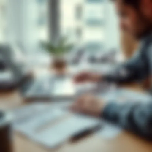 A person analyzing their budget on a laptop with financial documents scattered on a table