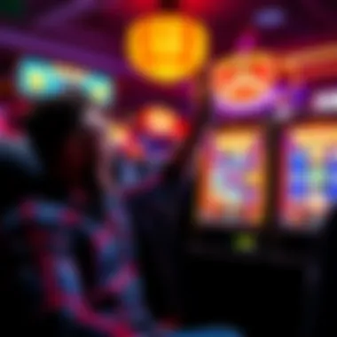 A player celebrating near a Buffalo slot machine after winning a GRAND jackpot from a small bet