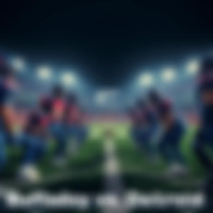 Football players from Buffalo and Detroit teams preparing for a game under the stadium lights