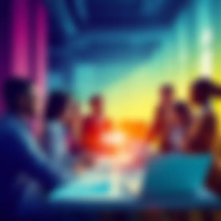 A diverse group of professionals discussing strategies in a modern office setting, with charts and laptops visible