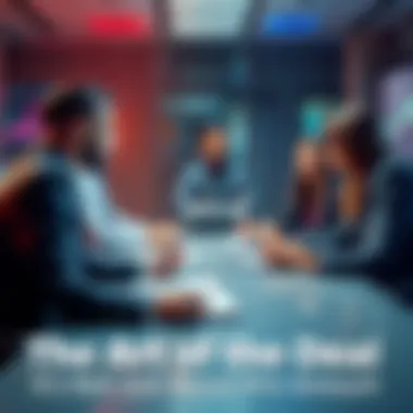 A group of professionals engaged in a negotiation around a conference table, discussing strategies and financial gains.