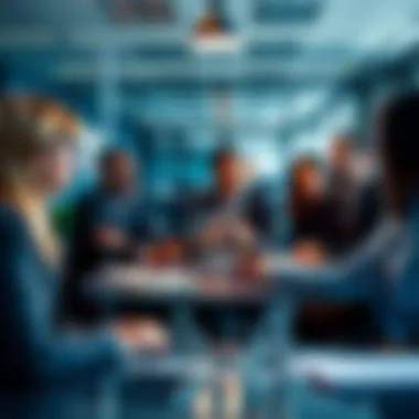 A diverse group of business professionals discussing ideas in a modern office setting
