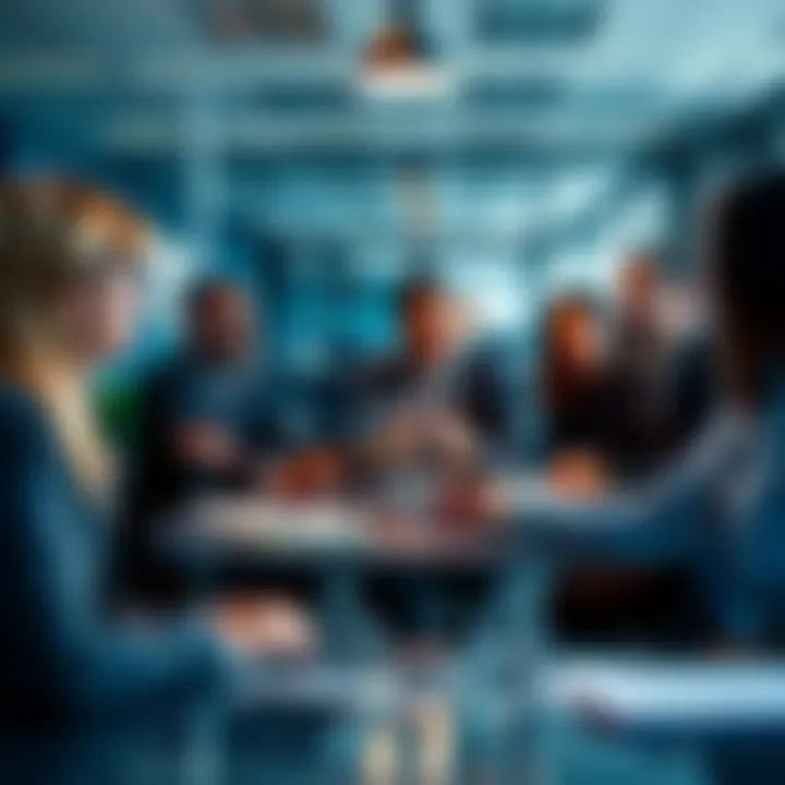 A diverse group of business professionals discussing ideas in a modern office setting